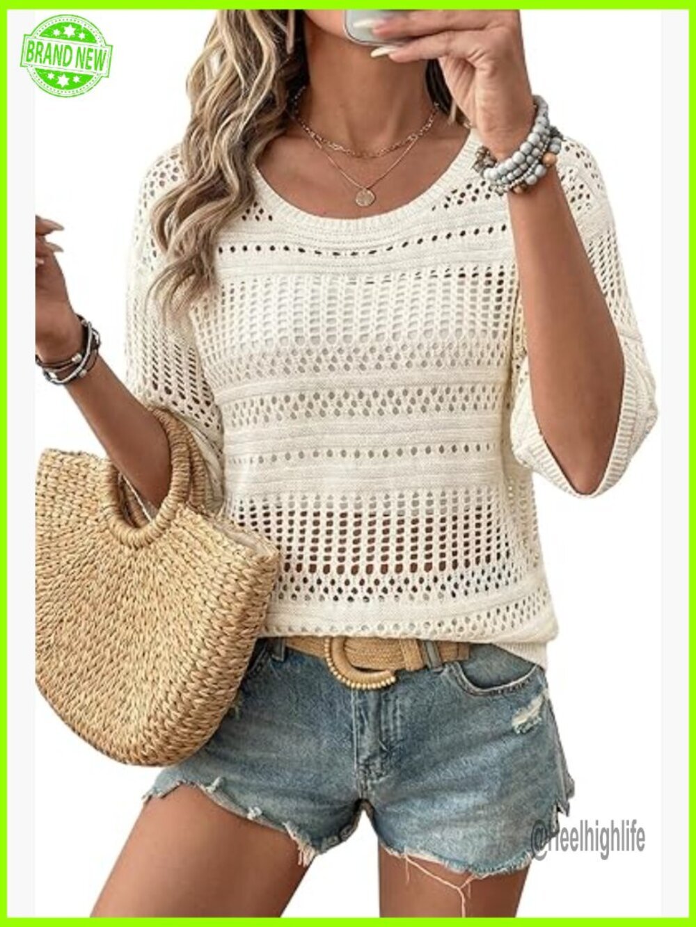Crochet Pullover Sweater Half Sleeve Hollow Out Beach Cover Up Resort Wear